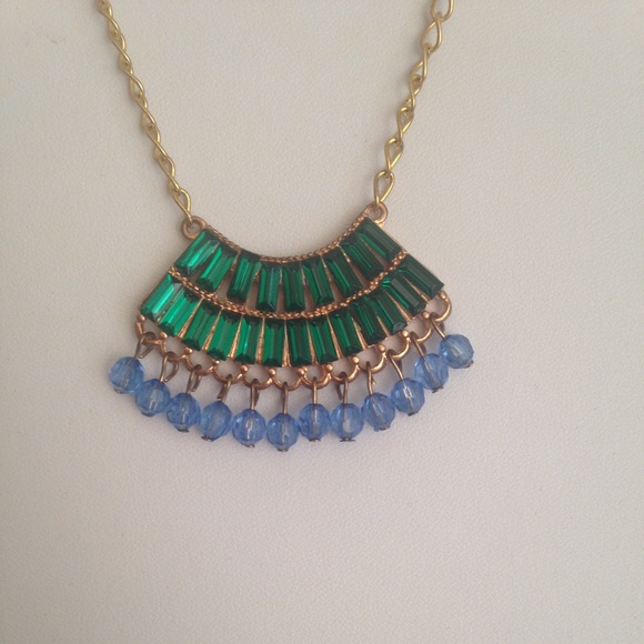 Boho Chic Gold, Emerald & Blue Fashion Necklace - Picture 2 of 8